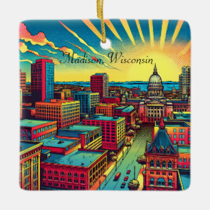 Ornement En Céramique Madison, Wisconsin Skyline au coucher du soleil