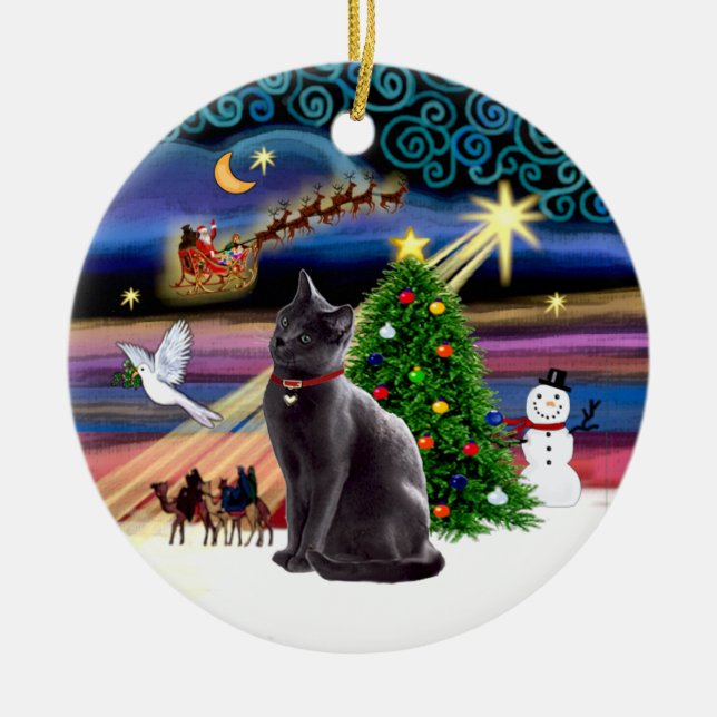 Ornement En Céramique Magie de Noël - chat bleu russe (Devant)