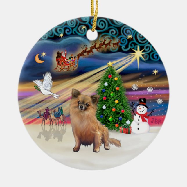 Ornement En Céramique Magie de Noël - Chihuahua (cheveux longs) (Devant)