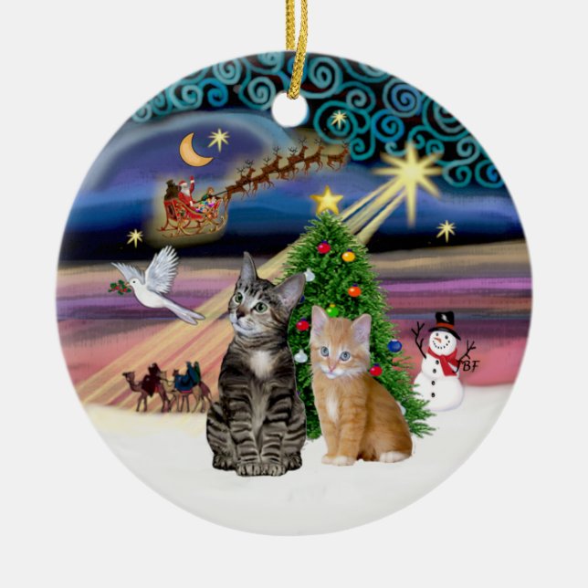 Ornement En Céramique Magie de Noël - Deux chats Tabby (#2) (Devant)