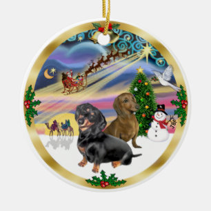 Ornement En Céramique Magie de Noël - Deux Dachshunds (bl+rd)