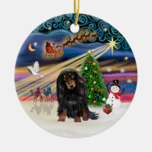 Ornement En Céramique Magie de Noël - Long Haired Dachshund (Black-Tan)