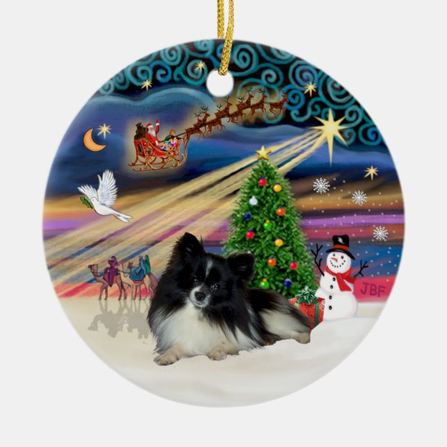 Ornement En Céramique Magie de Noël - Poméranien (noir-blanc) (Devant)