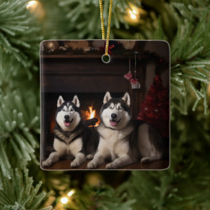 Ornement En Céramique Malamute en Alaska près de la cheminée Noël
