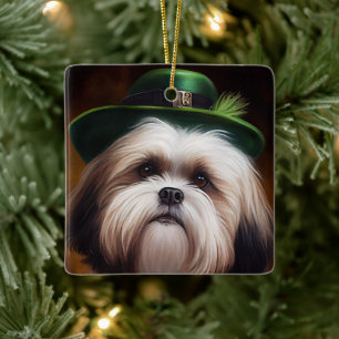 Ornement En Céramique Malti Tzu Chien en Robe de la Saint Patrick