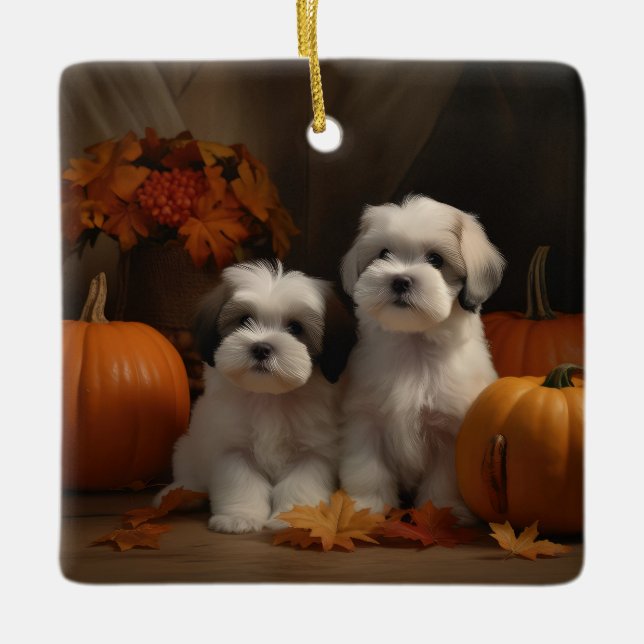 Ornement En Céramique Malti tzu Puppy Citrouille d'automne (Devant)