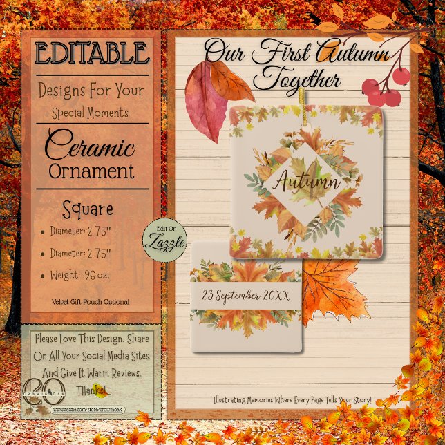 Ornement En Céramique Maple Feuille Monogramme & Date Keepsaké Orament (Autumn Monogram & Date Square Keepsake Ornament In Festive Golden Yellow and Sage Green Maple Leaves)