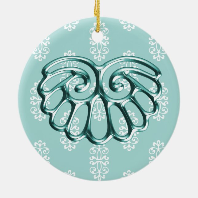 Ornement En Céramique Mariage damassé turquoise Enregistrer la date (Dos)