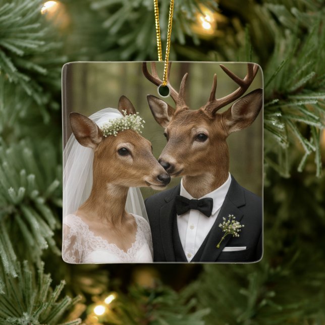 Ornement En Céramique Mariage de cerf et biche dans la forêt (Arbre)