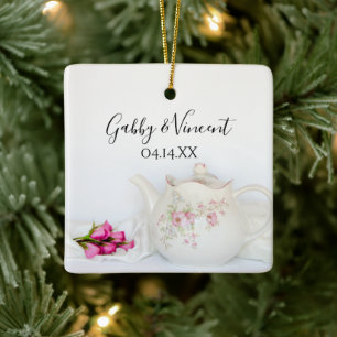 Ornement En Céramique Mariage de théière et roses roses