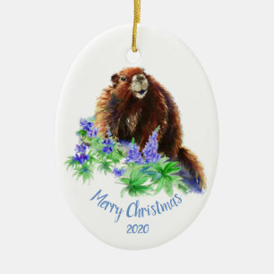 Ornement En Céramique Marmotte de Noël, animal de marmotte de fond