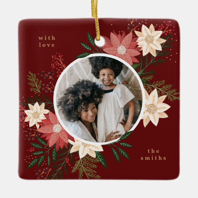 Ornement En Céramique Maroon Round Photo Floral Enfants Noël (Devant)