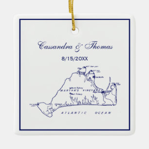Ornement En Céramique Martha's Vineyard Vintage Map #1 Marine Blue Carré