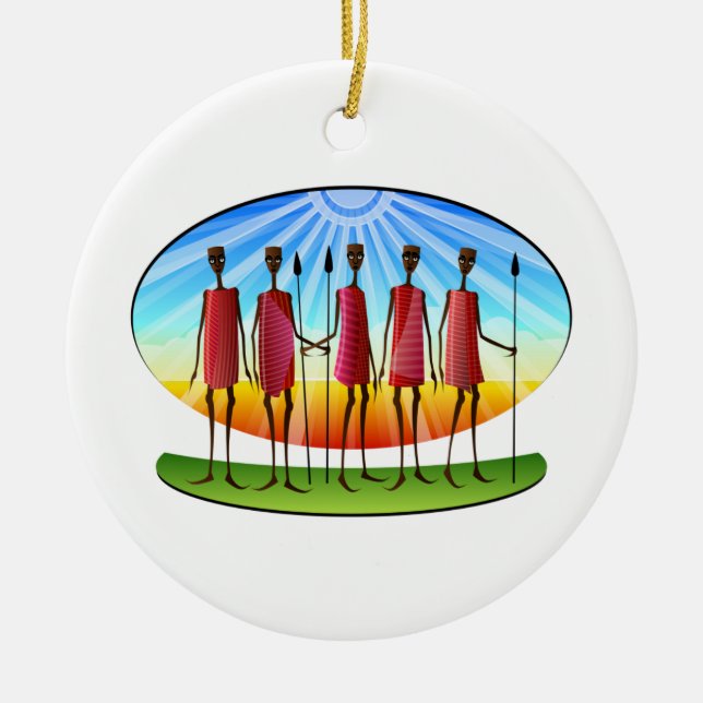 Ornement En Céramique Masaï Hommes avec Spears Kwanzaa (Devant)