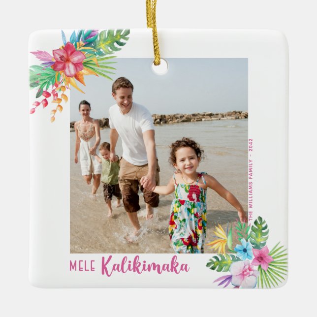 Ornement En Céramique Mele Kalikimaka Fleurs tropicales Photo Noël C (Devant)