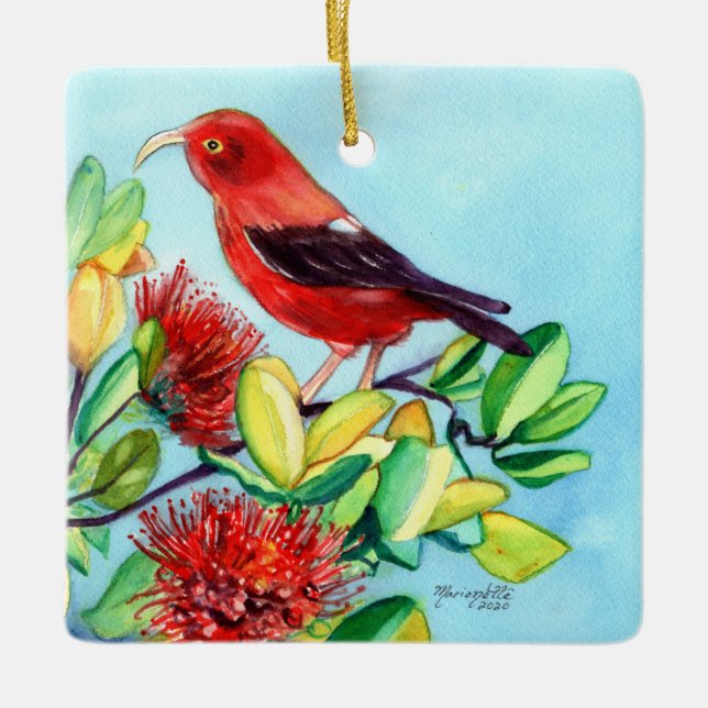 Ornement En Céramique Mele Kalikimaka Iiwi Bird and Ohia Lehua Flower (Devant)