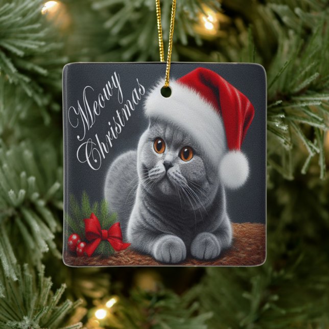 Ornement En Céramique MeowChristmas British Shorthair Père Noël Cat (Arbre)