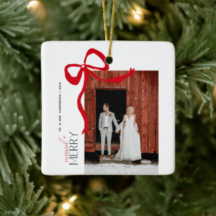 Ornement En Céramique Merry and Married Script 2 Photos Noeud de Noël