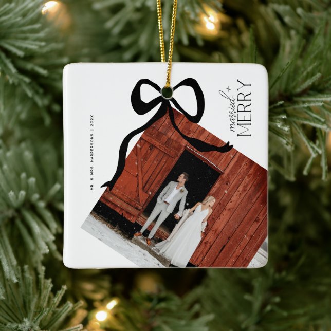 Ornement En Céramique Merry and Married Script Photo Christmas Bow (Arbre)