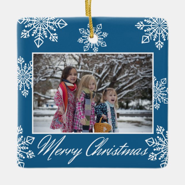 Ornement En Céramique Merry Christmas 2 Photo Blue And White Snowflakes  (Devant)
