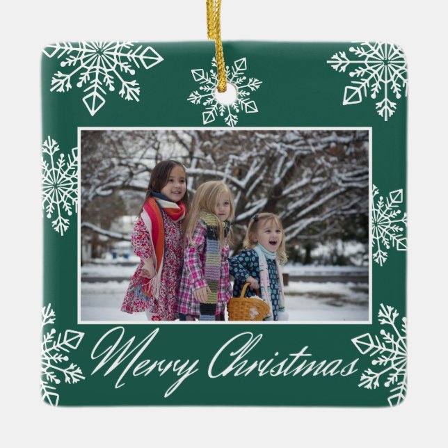 Ornement En Céramique Merry Christmas 2 Photo Green And White Snowflakes (Devant)