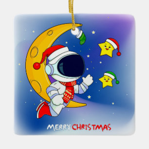 Ornement En Céramique Merry Christmas Astronaut and the Moon