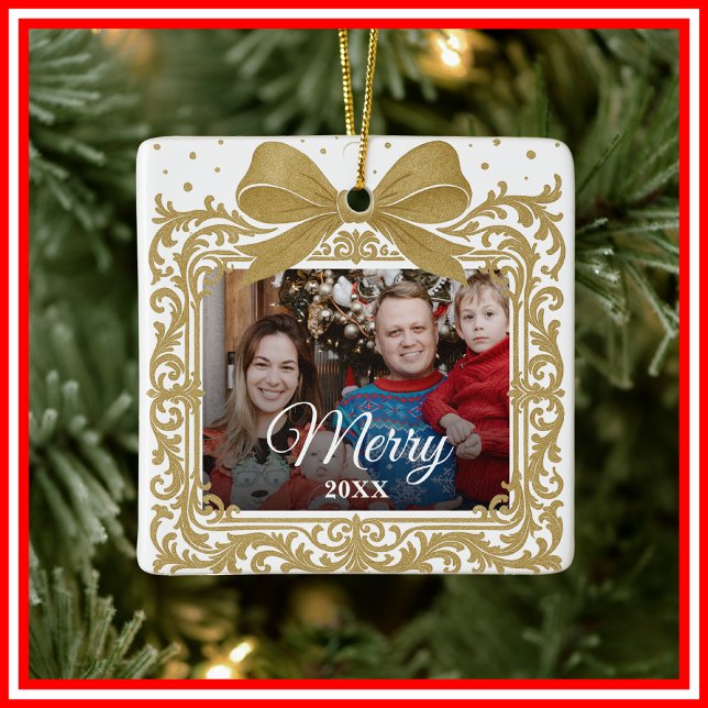 Ornement En Céramique  Merry Christmas Elegant Bow Present Photo Collage (Créateur téléchargé)