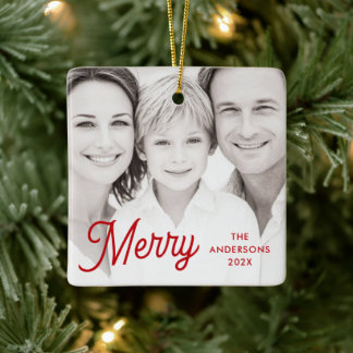 Ornement En Céramique Merry red festive retro font name year photo