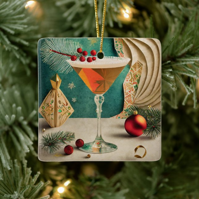 Ornement En Céramique Mi-Siècle Cocktail de Noël Fête Happy Hour (Arbre)
