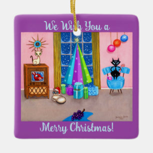 Ornement En Céramique Mi-siècle moderne Noël de l'âge atomique chats TV
