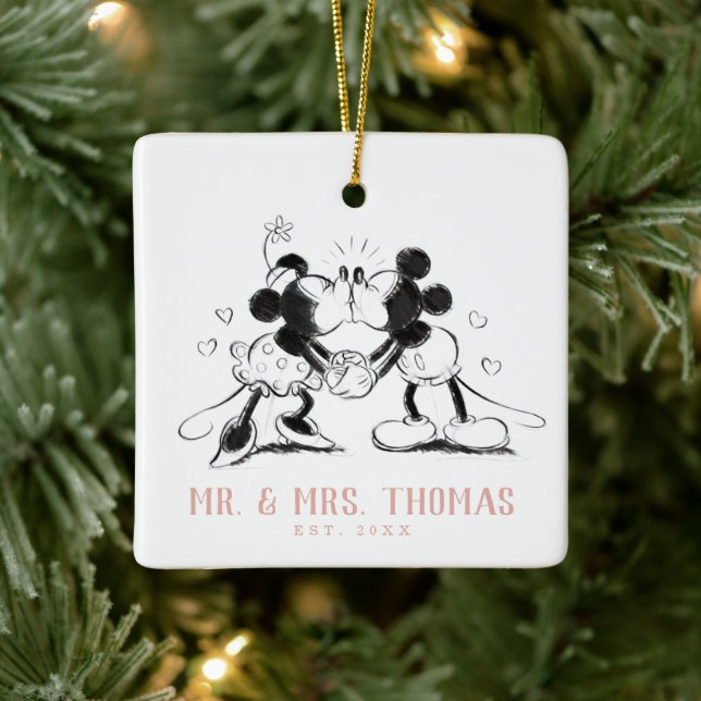 Ornement En Céramique Mickey et Minnie personnalisés | Baiser - Mariage (Arbre)