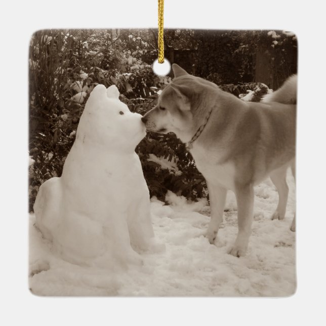 Ornement En Céramique mignon akita baiser bonhomme de neige akita saison (Dos)