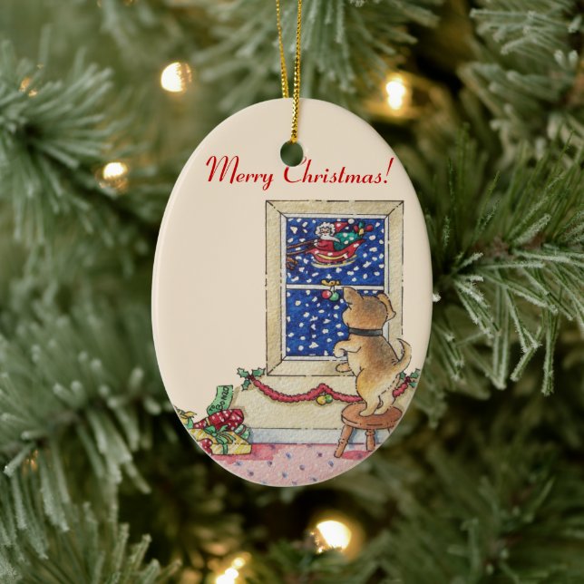 Ornement En Céramique mignon chiot agitant à père Noël dans la neige (Arbre)