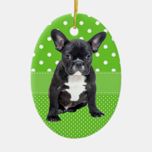 Ornement En Céramique Mignonne Français Bulldog Chiot Pois verts