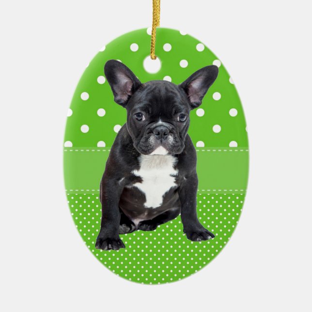 Ornement En Céramique Mignonne Français Bulldog Chiot Pois verts (Devant)