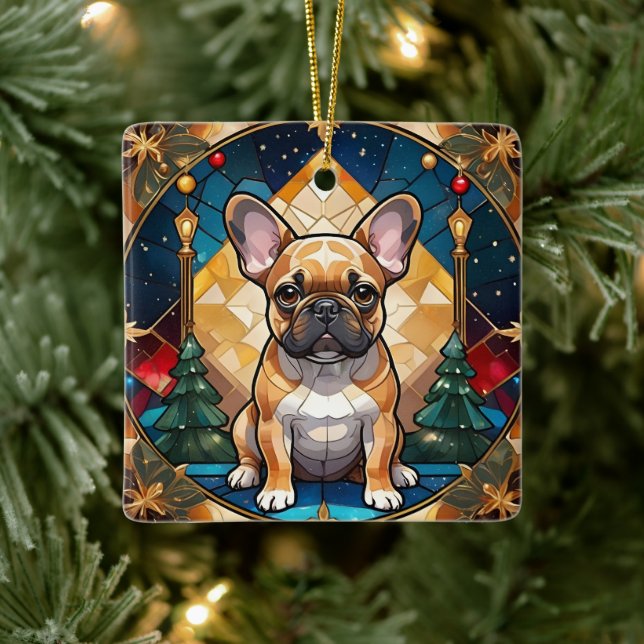 Ornement En Céramique Mignonne French Bulldog Pastel Verre Tressé Noël (Arbre)