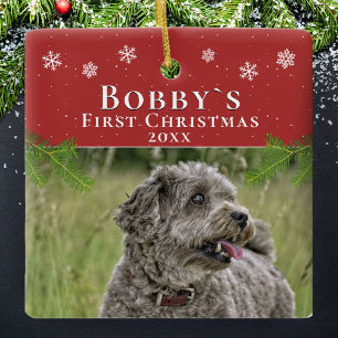 Ornement En Céramique Mignonne premier Noël Chiot rouge Photo Noël