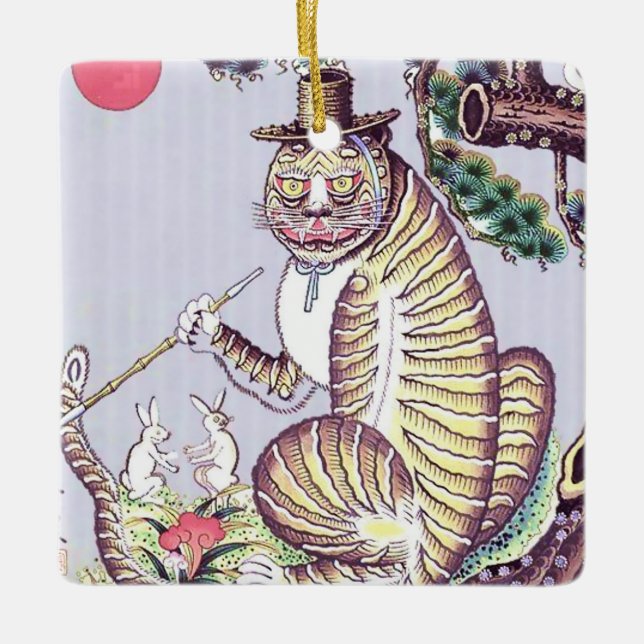 Ornement En Céramique Minhwa Tiger avec lapins et tuyaux (Devant)