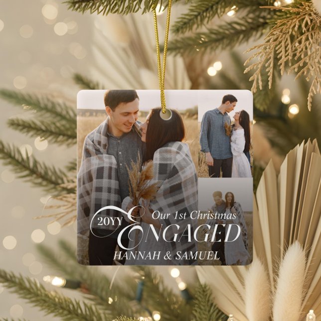Ornement En Céramique Minimal Elegant Engaged Couples Photo Collage (Minimal Elegant Engaged Couples Photo Collage Ceramic Ornament)