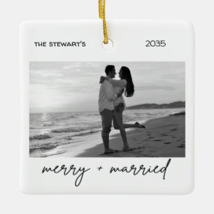 Ornement En Céramique Minimaliste Photo Joyeux & Mariés Élégant Simple