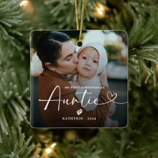 Ornement En Céramique Modern Elegant First Christmas As Auntie Photo Cer