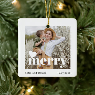 Ornement En Céramique Modern Merry Holiday Family Double Sided Photo