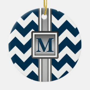 Ornement En Céramique Moderne Bleu Blanc Gris Monogramme Chevron