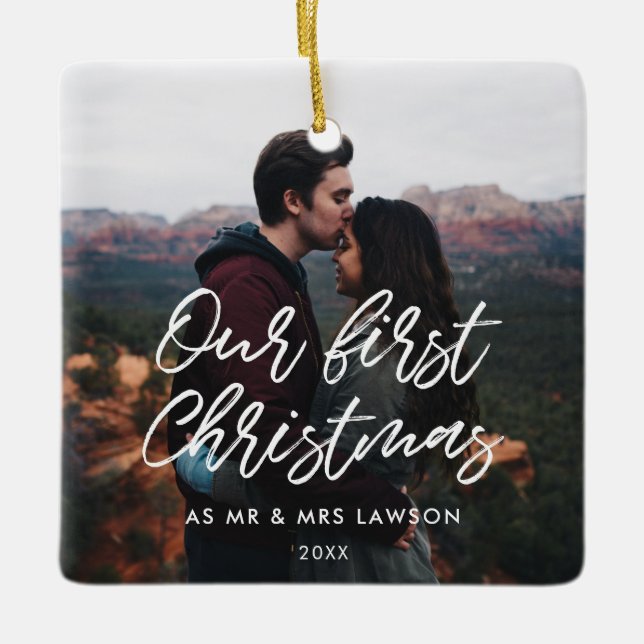Ornement En Céramique Moderne Notre premier couple de Noël (Devant)