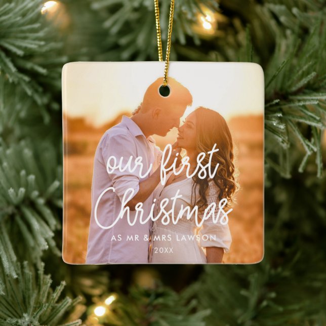 Ornement En Céramique Moderne Notre première photo de Noël Marié Couple (Arbre)