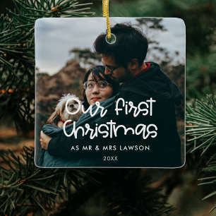 Ornement En Céramique Moderne Notre première photo mariage de Noël