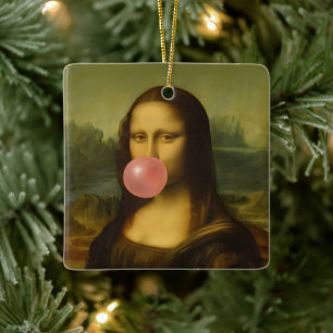Ornement En Céramique Mona Lisa soufflant de bulle rose