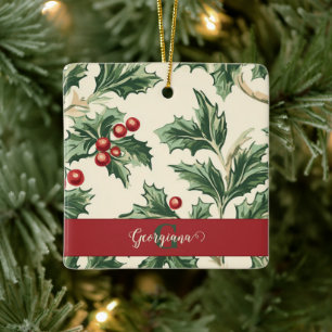 Ornement En Céramique Monogram Vintage Christmas Holly & Berries Motif