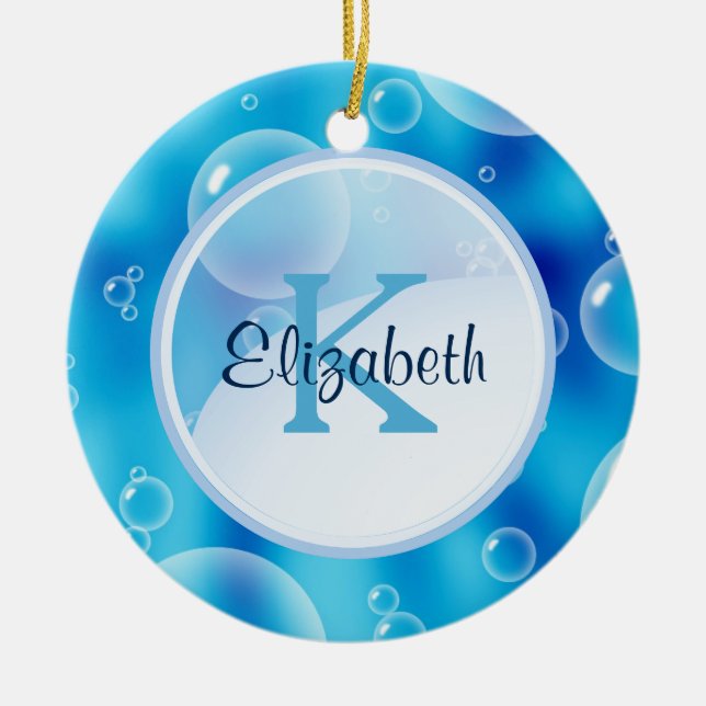 Ornement En Céramique Monogramme customisé sur bulles bleues (Devant)