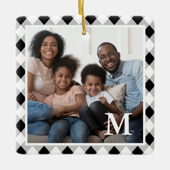 Ornement En Céramique Monogramme de Jacquard noir et blanc rustique (Devant)